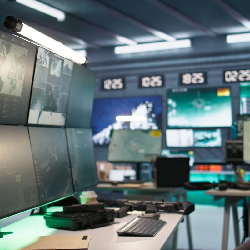 Empty army command center housing missile defense system designed to intercept ballistic missiles. Panning shot of armed forces headquarters used for tracking rockets using radar systems